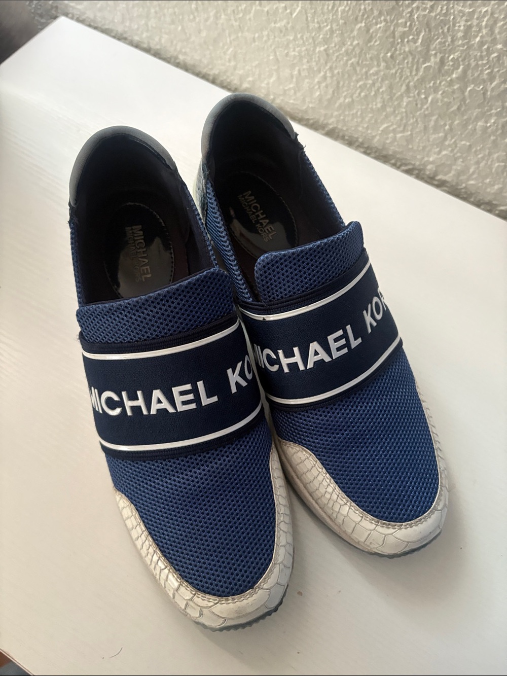 Michael Kors Navy and White Slip-On Mesh Sneakers with Branded Strap
